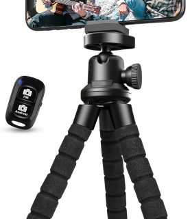 Aureday Phone Tripod, Flexible Tripod for iPhone and Android Cell Phone, Portable Small Tripod with Wireless Remote and Clip for Video Recording/Vlogging/Selfie Black